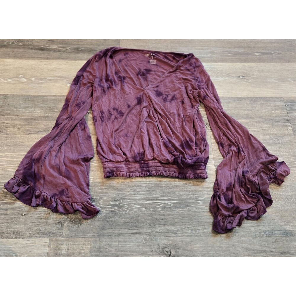 American Eagle Tie-Dye Wrap Top with Bell Sleeves‎ Boho Romantic Cropped Blouse - Picture 3 of 7